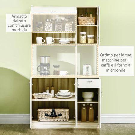 credenza alta cucina Mobile Buffet a 4 Porte con 3 Armadietti, Cassetto e Piano d'Appoggio in legno, 102x48x180 cm F835-606A