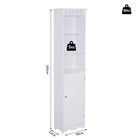 Mobiletto del Bagno a Torre 3 Ripiani Regolabili su 3 Livelli e 1 Ampio Armadietto Inferiore Manopole sull'Anta MDF Bianco 40x23x160cm ED6834-198ED6
