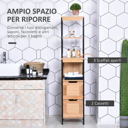 Colonna Bagno con 2 Cassetti e 3 Vani Aperti in Legno MDF e Bambù 30x30x144.3 cm YH2834-208YH2
