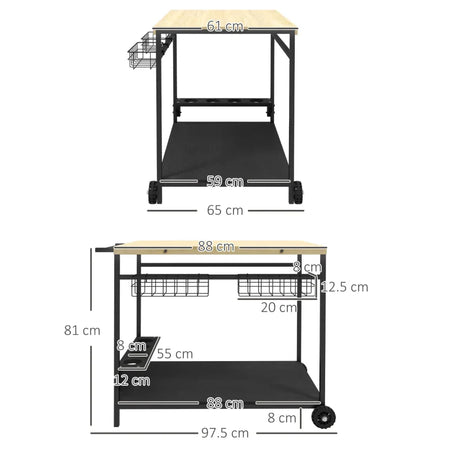 Carrello da Giardino a 2 Ripiani, 2 Cesti e 4 Spazi Portabottiglie, in Legno di Abete, 97.5x65x81 cm  ER584G-420V00NDER5