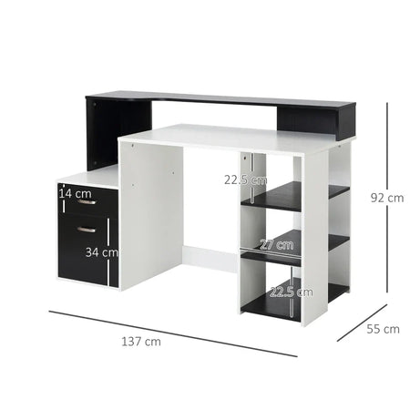 Scrivania per Ufficio con Ripiano Stampante, 2 Cassetti e 3 Mensole, in MDF Bianco e Nero, 137 x 55 x 92cm ZB4920-026ZB4