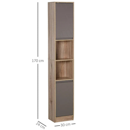 Mobiletto Salvaspazio per Bagno in Legno, Mobile da Bagno con 2 Armadietti e 6 Ripiani, Grigio e Rovere, Design a Torre 30 x 24 x 170cm QS5834-240QS5