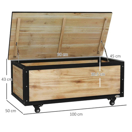 Panca Contenitore da 121L con 4 Rotelle e Maniglie in Legno e Acciaio, 100x50x43cm, Colore Legno 84G-322V00ND