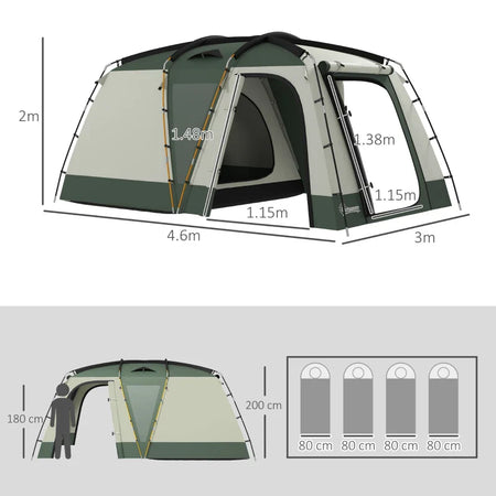 Tenda da Campeggio 4 Posti Impermeabile con Zona Notte e Zona Giorno, in Poliestere, 460x300x200 cm, Verde WY5A20-398V00SDWY5