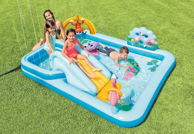 Centro Gioco Gonfiabile Jungle Adventure Intex, Piscina per Bambini con Scivolo, Palme, Fenicottero e Scimmia, Vinile Multicolore, Portata 80kg, 2+ Anni