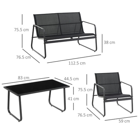 Set Tavolino con Panchina e 2 Sedie da Giardino, Arredamento da Esterno in Metallo e Texteline, Nero 84B-507