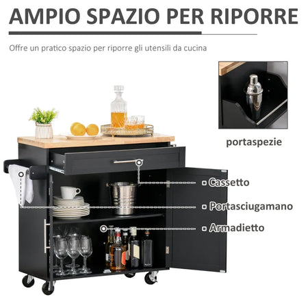 Carrello da Cucina con Cassetti, Portaspezie e Armadietto, Carrello da Portata con 4 Ruote e Piano di Lavoro in Legno, 109x40x89cm, Nero YH9801-178BKYH9
