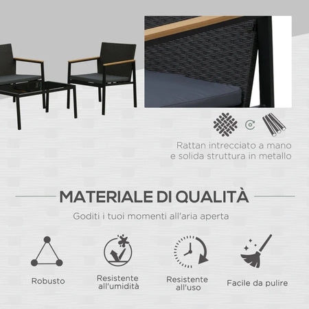 Set 4 Pezzi Salotto da Esterni con 2 Sedie, Divano e Tavolino Mobili da Giardino in Rattan e Acciaio Nero 860-092