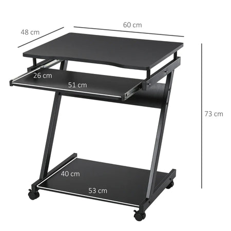 Scrivania per Computer Porta PC Classico e Salvaspazio, Scrivania per cameretta con Piano Tastiera a Scomparsa, 4 Ruote e Ripiano Inferiore Nero 60x48x73cm QS2836-293BKQS2