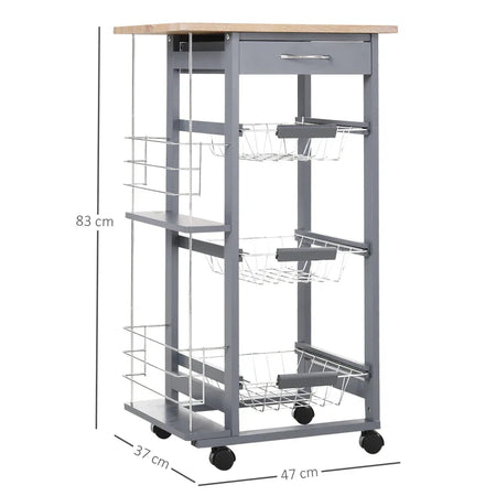 Carrello da Cucina con Cassetti Estraibili e 2 Portabottiglie, in Legno di Pino e Metallo, 47x37x83 cm YY9801-130YY9