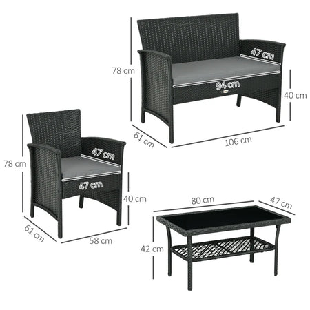 Salotto da Esterno Rattan PE con Divanetto, 2 Poltrone con Cuscini e Tavolino in Vetro, Nero e Grigio 860-331V00GY