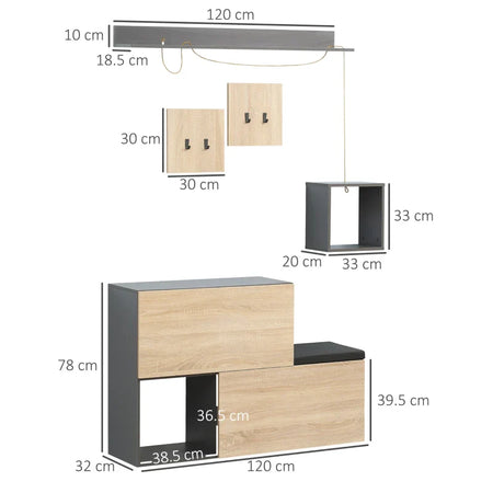 Set Mobile da Ingresso con Attaccapanni, Scarpiera con Panca e Scaffale, Grigio e Naturale GY6837-255CGGY6
