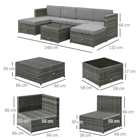 Set da 7 Pezzi Salotto da Esterni in Rattan con Poltrona Pouf Tavolino Grigio 860-002V01