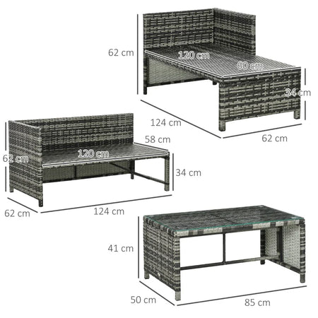Salotto da Giardino con Divanetto, Chaise Longue e Tavolino in Rattan PE con Cuscini, Grigio 860-121V00GY