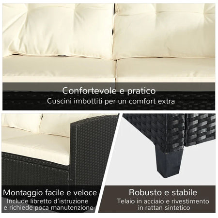 Set Mobili da Giardino 4 Pezzi in Rattan PE e Tavolino, Divano e Poltrone Imbottiti Nero e Beige 124x68x76cm 860-117CW