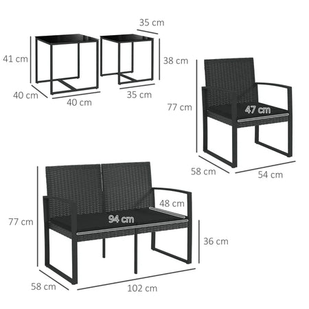 Set da Giardino con 2 Sedie, Divanetto e 2 Tavolini con Cuscini e Piano in Vetro, Nero 84G-319V00BK