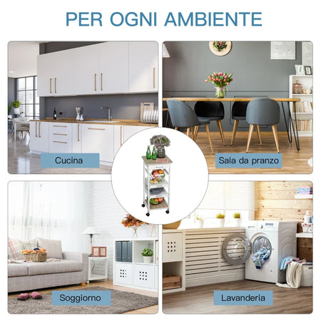 Carrello da Cucina Salvaspazio in Legno Bianco con 4 Ruote 37x37x82cm UH3801-152WTUH3