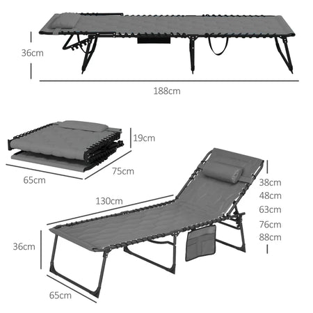 Set 2 Lettini Prendisole con Schienale Reclinabile e Tasca, in Acciaio e Poliestere, 65x188x36 cm, Grigio e Nero 84G-268V01GY