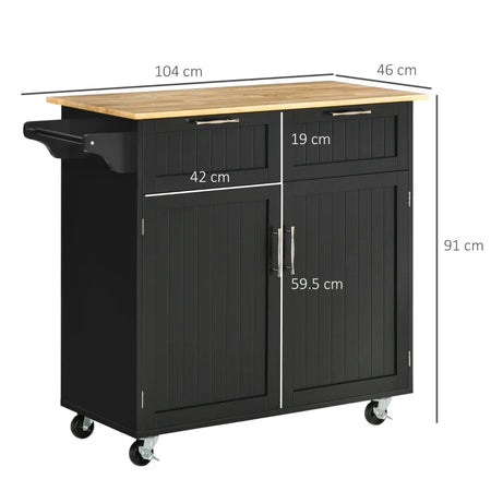 Carrello da Cucina Multiuso in Legno con 2 Cassetti, Armadietto e 4 Ruote, 104x46x91cm, Nero PL6801-203V00BKPL6