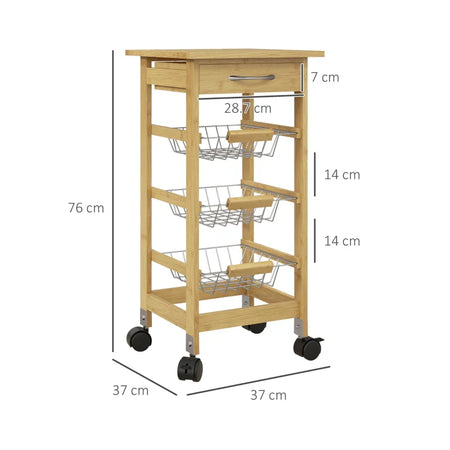 Carrello Cucina con Ruote, Cassetto e 3 Cestini a Rete Metallica, 37x37x76cm, Colore Legno TR6801-350V00NDTR6