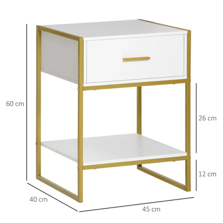 Set 2 Comodini Moderni con Cassetto e Ripiano Aperto in MDF e Acciaio, 45x40x60cm, Bianco e Oro AW1831-534AW1
