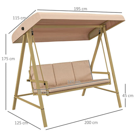 Dondolo 3 Posti con Tettuccio Inclinabile e Cuscini, in Acciaio e Textilene, 200x125x175 cm, Beige e Marrone  84A-307V00BG