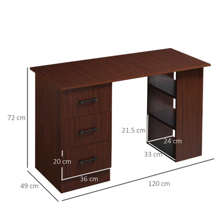 Scrivania Ufficio con  Cassetti e 3 Ripiani Reversibili in Legno, 120x49x72cm, Noce NW9836-068V01NW9