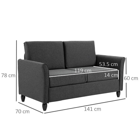 Divano a 2 Posti a Seduta Ampia con Cuscini Rimovibili da Salotto in Tessuto Effetto Lino e Gommapiuma, 141x70x78 cm, Grigio scuro e Nero SE2833-653CGGT2