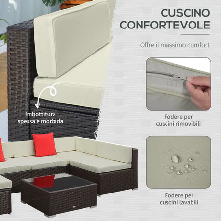 Salotto da Giardino in Rattan da 7 Pezzi con Tavolino e Divano Modulabile con Cuscini, Crema 860-020