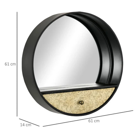 Specchio da Parete Rotondo da Ø61cm con Cassetto e Cornice in Metallo Nero UJ6830-474UJ6
