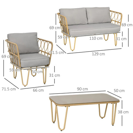 Salotto da Giardino in Rattan Stile Boho con Divano 2 Posti, 2 Poltrone e Tavolino con Vetro 860-287V00YL