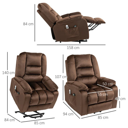 Poltrona Relax Alzapersona Reclinabile, Massaggiante e Riscaldata in Velluto, Marrone WS9713-160V90DRWS9