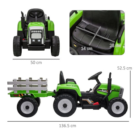 Trattore Elettrico per Bambini 3-6 Anni con Rimorchio Rimovibile, Batteria 12V e Telecomando, Verde RG1370-281V90GNRG1