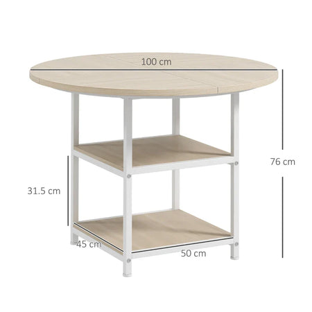 Tavolo da Pranzo per 4-6 Persone con 2 Ripiani Integrati, in Acciaio e MDF, Ø100x76 cm, Bianco e Rovere QS683A-050V80AKQS6