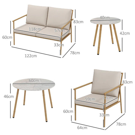 Salotto da Giardino con Divano, 2 Poltroncine e 2 Tavolini Effetto Bambù con Cuscini, Marrone 84G-272V00BN