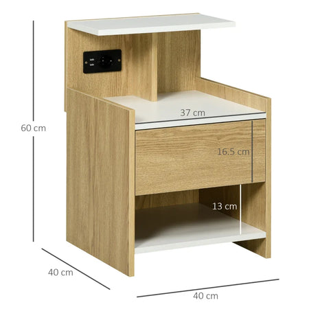 Comodino moderno con 2 Prese, 2 porte USB e Cassetto in truciolato, 40x40x60cm, Color Legno KL2831-668V90NDKL2