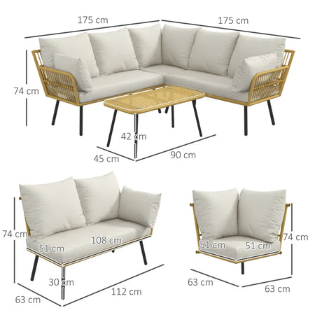 Set da Giardino 4 Pezzi in Rattan PE con Tavolino da Esterni 90x45x42 cm e 2 Divanetti per Esterni 6ex63x74 cm, Bianco Crema 860-324V00CW