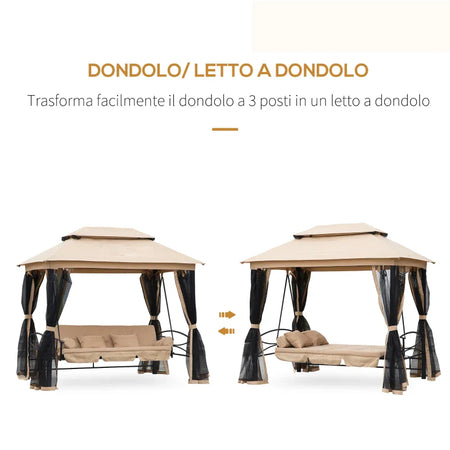 Dondolo da Giardino 3 Posti Lettino e Gazebo Design 3 in 1 con Tettuccio, 256x172x248cm, Beige 84A-056