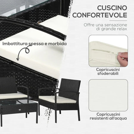 Set Mobili da Giardino in Rattan Sintetico Composto da 1 tavolino 2 poltrone e 1 divano a 2 posti Nero e Crema 863-024