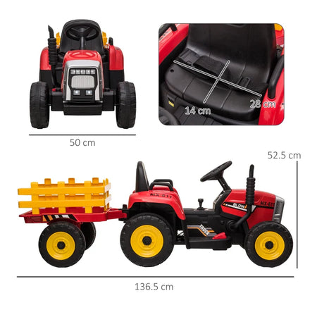 Trattore Elettrico per Bambini 3-6 Anni con Rimorchio Rimovibile, Batteria 12V e Telecomando, Rosso DF5370-281V90RDDF5