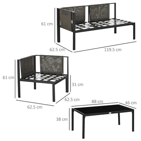 Set da Giardino 4 Pezzi con 2 Divanetti, Poltrona Angolare e Tavolino da Caffè in Vetro Temperato 84G-049V00LG
