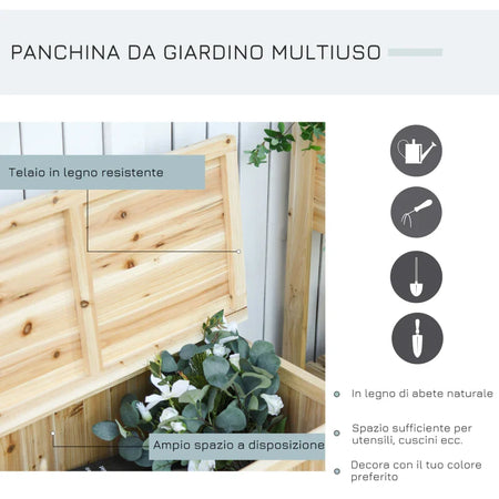 Panca Contenitore da Esterno in Legno di Abete Naturale con Schienale per Giardino e Terrazza, 115x45x75cm  84B-460