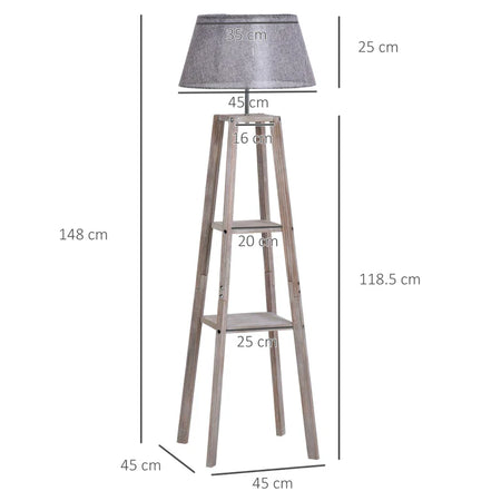 Lampada da Terra in Legno con 3 Ripiani e Paralume in Tessuto, 45x45x148cm, Grigio VB8B31-144VB8