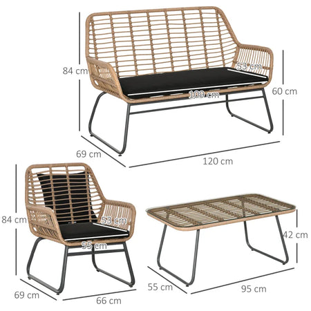 Set Mobili da Giardino Stile Boho in Rattan PE con 2 Poltrone, Divanetto e Tavolino 860-202