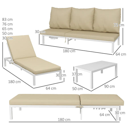 Set 2 Lettini Prendisole con Schienale Regolabile e Tavolino da Giardino in Vetro, Beige 84G-337V00BG