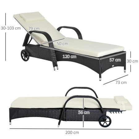 Lettino Prendisole da Giardino con Ruote, Sedia a Sdraio per Spiaggia con Altezza Regolabile in Rattan, Nero e Crema, 200x73x103cm  862-005BK