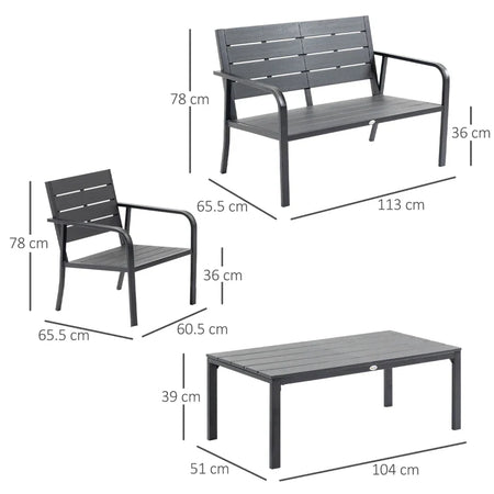 Set Salotto da Giardino da 4 Pezzi con Panchina a 2 Posti, 2 Poltrone e Tavolino, Grigio Scuro 84B-644