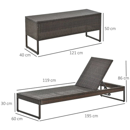 3pz Componibile 2 Lettino Prendisole da Giardino (60 x 195 x 86cm) e 1 Tavolino (121 x 40 x 50cm) Rattan con Materassini, Marrone e Bianco Crema 862-022BN