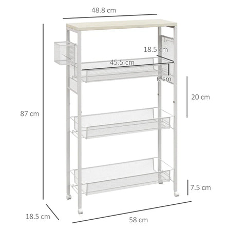 Carrello da Cucina a 3 Livelli con Cestino Laterale e Gancio, in Truciolato e Acciaio, 58x18.5x87 cm TR4801-343V00WTTR4