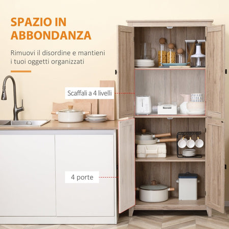 credenza alta Mobile Cucina a 4 Ante con Mensole Regolabili e Base Rialzata in Legno 80x40x182cm sala da pranzo soggiorno salotto F838-212NDA